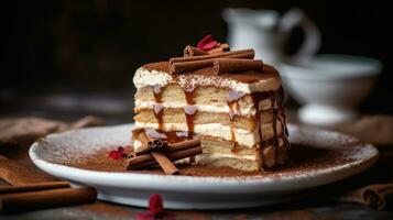 A closeup magazine quality shot of a beautifully layered tiramisu with creamy mascarpone and dusted cocoa  AI Generated photo