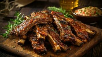 Succulent tender Lamb ribs marinated in a savory blend of spices, AI Generated photo