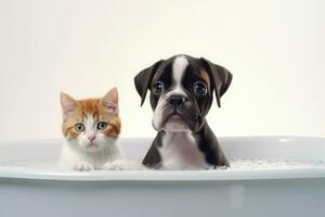 linda bebé gatito y Boxer perrito tomando un burbuja baño, generativo ai foto