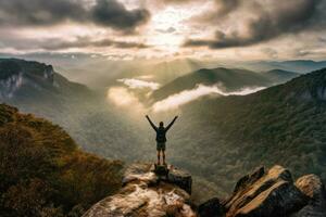 An inspiring shot of a hiker standing on a mountain top Generative AI photo