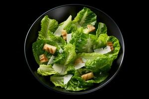 Caesar salad top view black background Generative AI photo