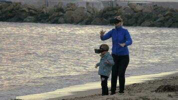 Mother and son having fun with VR glasses on the shore video