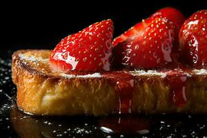 Strawberry toast, macro shot of a fresh breakfast with Dripping Honey, AI Generated photo