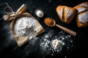 Grain sprinkled flour sits on a table next to a bowl of wheat and a bowl of oats photo