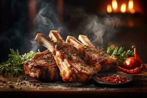 A stack of Lamb Ribs meat with smoke and pepper on the side ready to eat photo