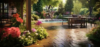 Beautiful garden with terrace photo