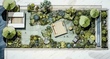 2d modelo de un jardín pavimentado con un lote de plantas y jardín en frente foto