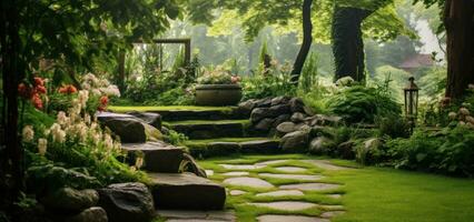 un pequeño jardín escena con césped, árboles, y pasos foto