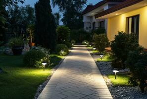 A lawn with garden lighting illuminating a walkway photo