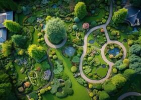 Aerial drone view from the top of a garden path photo