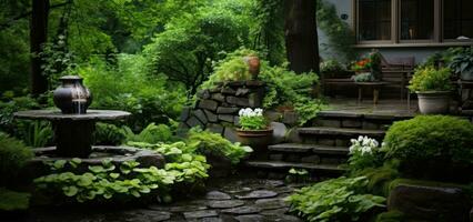 A small garden scene with lawn, trees, and steps photo