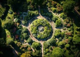 aéreo zumbido ver desde el parte superior de un jardín camino foto