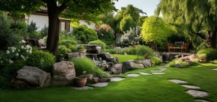 A small garden scene with lawn, trees, and steps photo