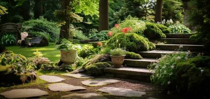 A small garden scene with lawn, trees, and steps photo