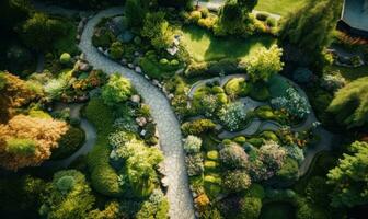 Aerial drone view from the top of a garden path photo