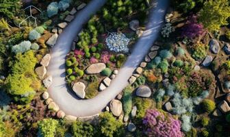 Aerial drone view from the top of a garden path photo