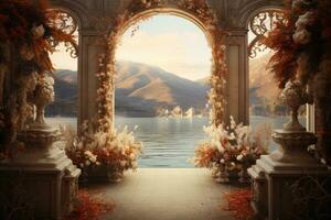 Wedding arch in the middle of a lake photo