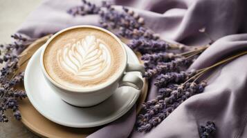 Cup of lavender cappuccino photo