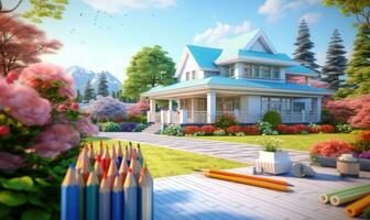 Color pencils and building plans of landscaping and house photo