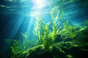 Kelp growling in the ocean under the sunlight or on the surface of the water photo