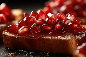 Pomegranate toast, macro shot of a fresh breakfast with Dripping Honey, AI Generated photo