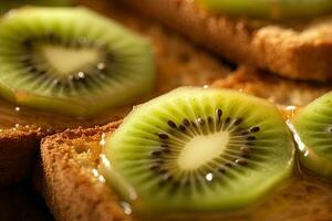 kiwi tostada, macro Disparo de un Fresco desayuno con goteo Miel, ai generado foto