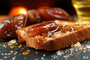 saudi árabe fechas tostada, macro Disparo de un Fresco desayuno con goteo Miel, ai generado foto