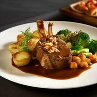 Mouthwatering dish of succulent lamb with a rich Madeira sauce, accompanied by tender boiled potatoes AI Generated photo