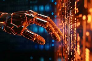 Hands of Robot Touhcing Coding Monitor, Generative AI photo