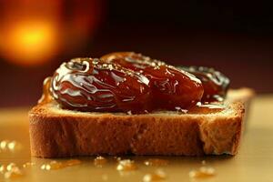 saudi árabe fechas tostada, macro Disparo de un Fresco desayuno con goteo Miel, ai generado foto