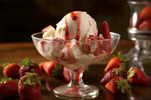 cuenco de fresa hielo crema con un cucharada de hielo crema en arriba, generativo ai foto