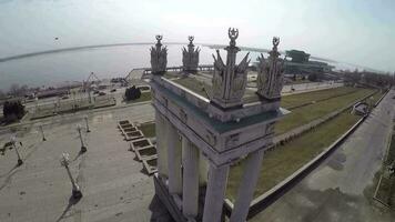 Flying over the aged columns on city waterfront Volgograd, Russia video