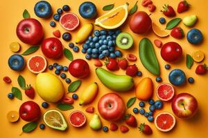 creativo plano laico composición de varios frutas, generativo ai foto