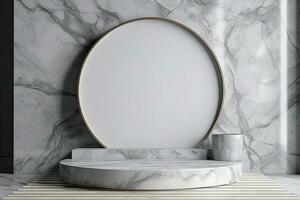A white round device sits on a table in front of a jungle background photo
