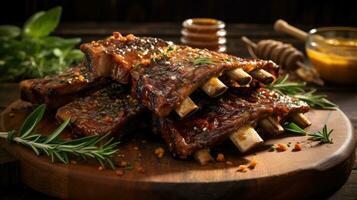 Succulent and tender Lamb ribs marinated in a savory blend of spices, AI Generated photo