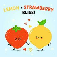 Lemon and Strawberry card. Vector hand drawn doodle style cartoon character illustration icon design. Happy Lemon and  Strawberry friends concept card