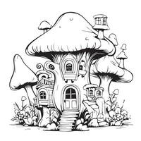 mushroom house with flower coloring page vector