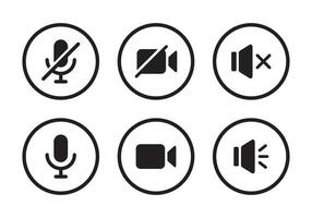 Mute microphone, video cam off, and silent speaker icon vector in circle line