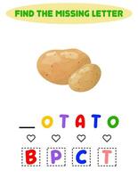 find the missing letter. Teaching children. Worksheet. Vegetable potato. vector