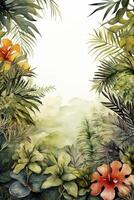 Jungle plants frame in watercolor style, created with generative AI photo