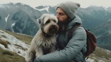 Man hiking in fluffy bearded gray dog in mountains in autumn pet adoption traveling with dog generative ai photo