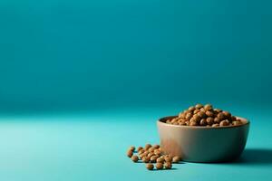 dog bowl with dry food on blue background copy space generative ai pets care photo