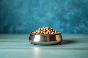 dog bowl with dry food on wooden table on blue background copy space generative ai pets care photo
