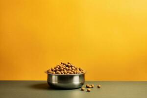 dog bowl with dry food on yellow background copy space generative ai pets care photo