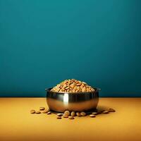 dog bowl with dry food on yellow table on blue background copy space generative ai pets care photo