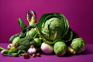 Different green vegetables broccoli, cabbage, romaine lettuce and garlic on purple background plant bazed vegan diet healthy lifestyle harvesting generative ai photo