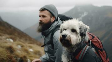 Man hiking in fluffy bearded gray dog in mountains in autumn pet adoption traveling with dog generative ai photo