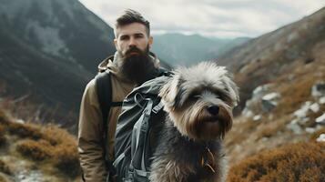 Man hiking in fluffy bearded gray dog in mountains in autumn pet adoption traveling with dog generative ai photo