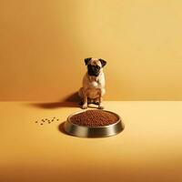little cute dog mops sitting by big bowl of dry food on yellow background copy space generative ai pets care photo