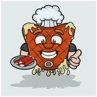 mascota dibujos animados de carne filete con carne en plato y contento rostro. para alimento, carne, parrilla y carne de vaca logo. vector